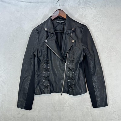 Boston Proper Jacket Womens 10 Black Faux Leather Lace Up Moto Zip Biker Femme