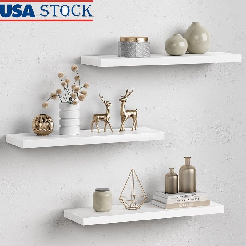 White Floating Shelves Set of 3 Wall Mounted Storage Rustic Display Home Decor