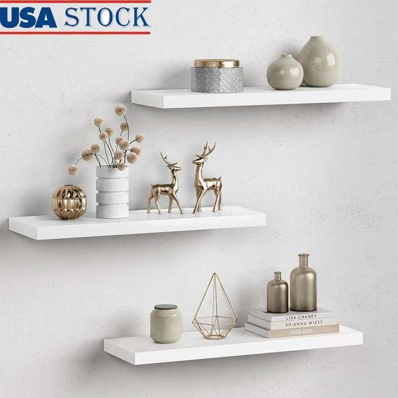 White Floating Shelves Set of 3 Wall Mounted Storage Rustic Display Home Decor