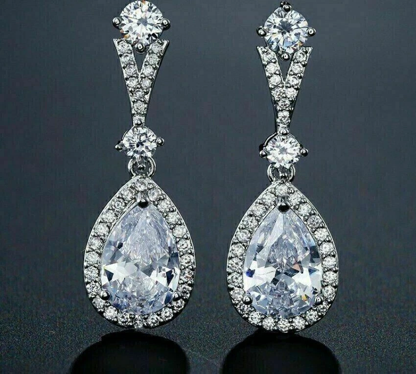 4 Ct White Treated Diamond Pear Shape Earrings With Accents Color F Certified ! - Изображение 3 из 4