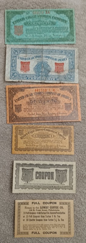 Cigar (and 1 coffee) coupons, vintage, lot of six
