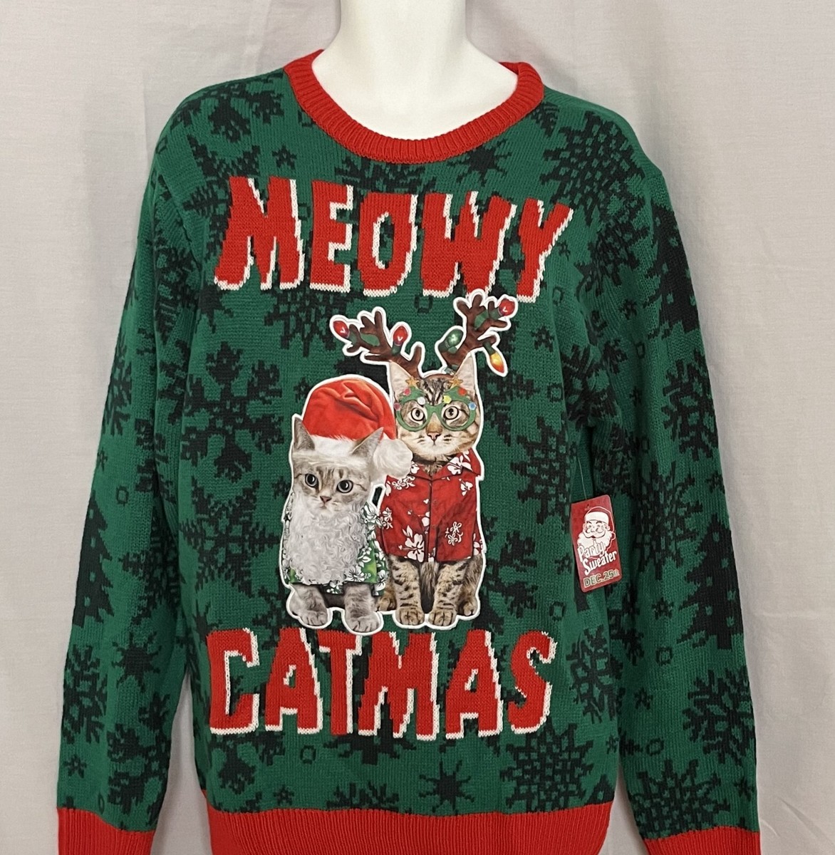 Men's Ugly Christmas Sweater Size Medium Reindeer Kitty Cat Meowy