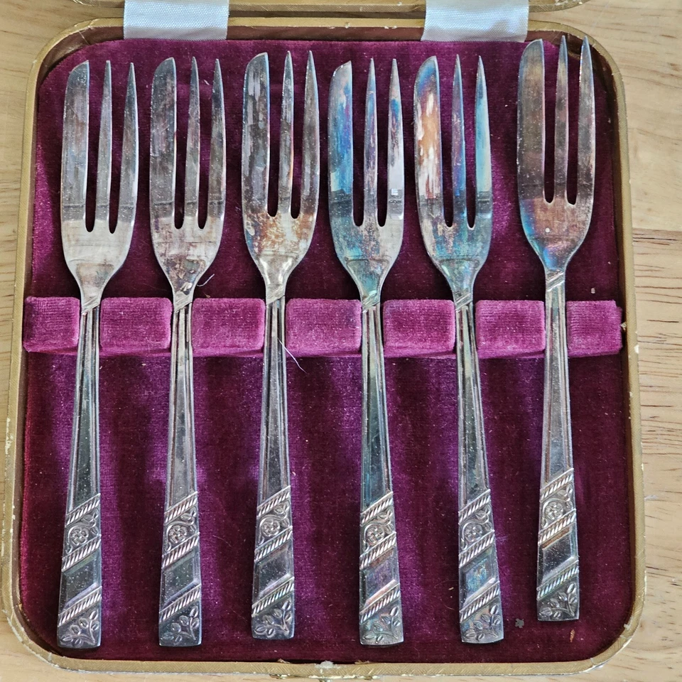 Juego de tenedores de postre Viners of Sheffield plateados plateados rosa servidor en caja B Foto 2 de 4