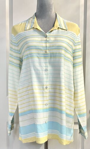 J. Jill Silk Top Blouse Shirt Striped Button Up L Beachy Coastal Resortwear