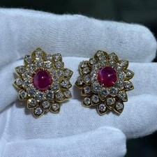 David Webb Diamond & Ruby Vintage Large Halo Design French Back Earrings Gift