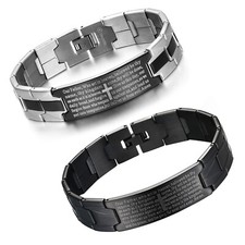 Classic Stainless Steel English Bible Cross Bracelet Chain Link Mens Bangle Cuff