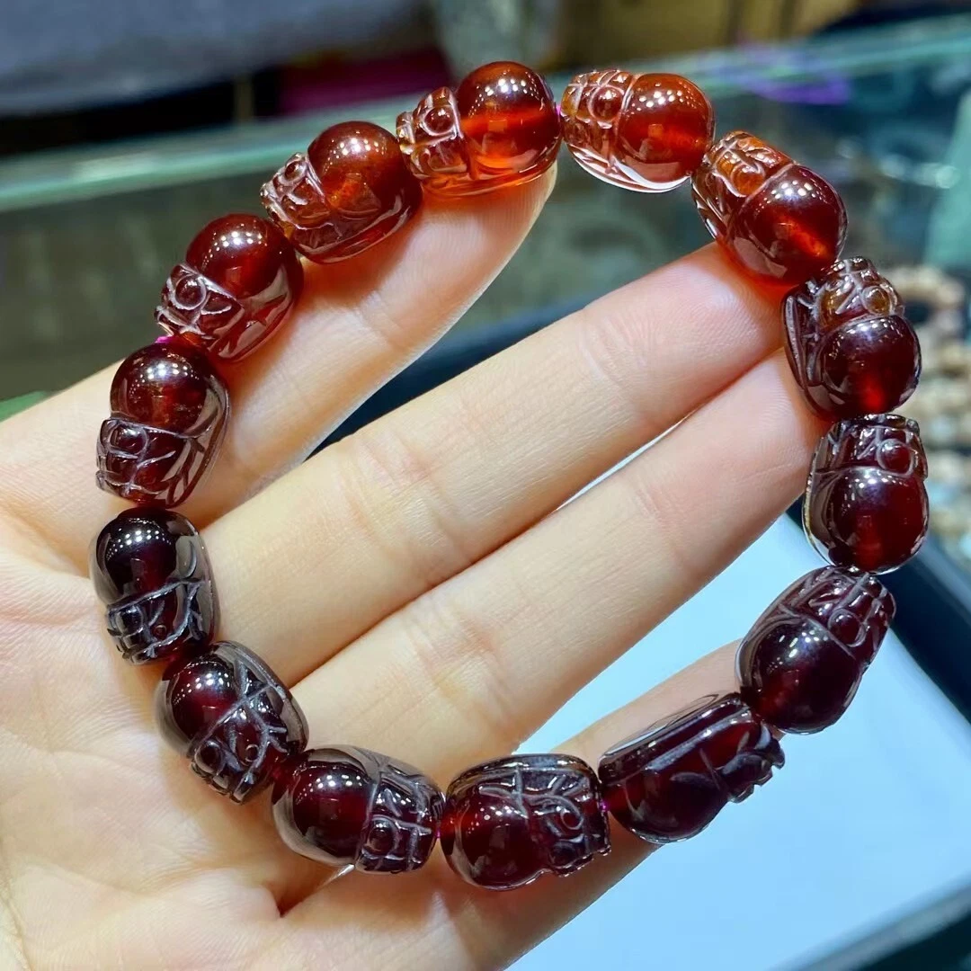 41.4g Natural Orange Red Garnet Crystal Carving Pi Xiu Beads Bracelet AAA