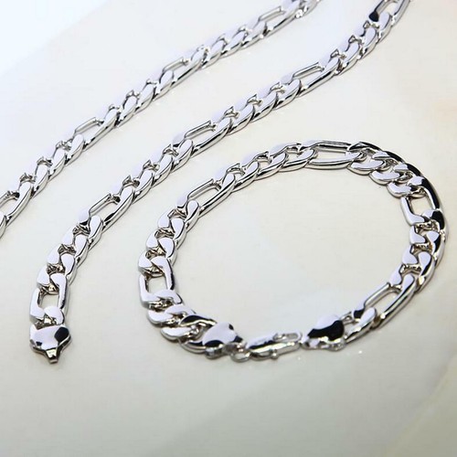 WG1207 Figaro Protected 18K White Gold Plated Necklace Bracelet, Men's Xmas Gift - Picture 9 of 9