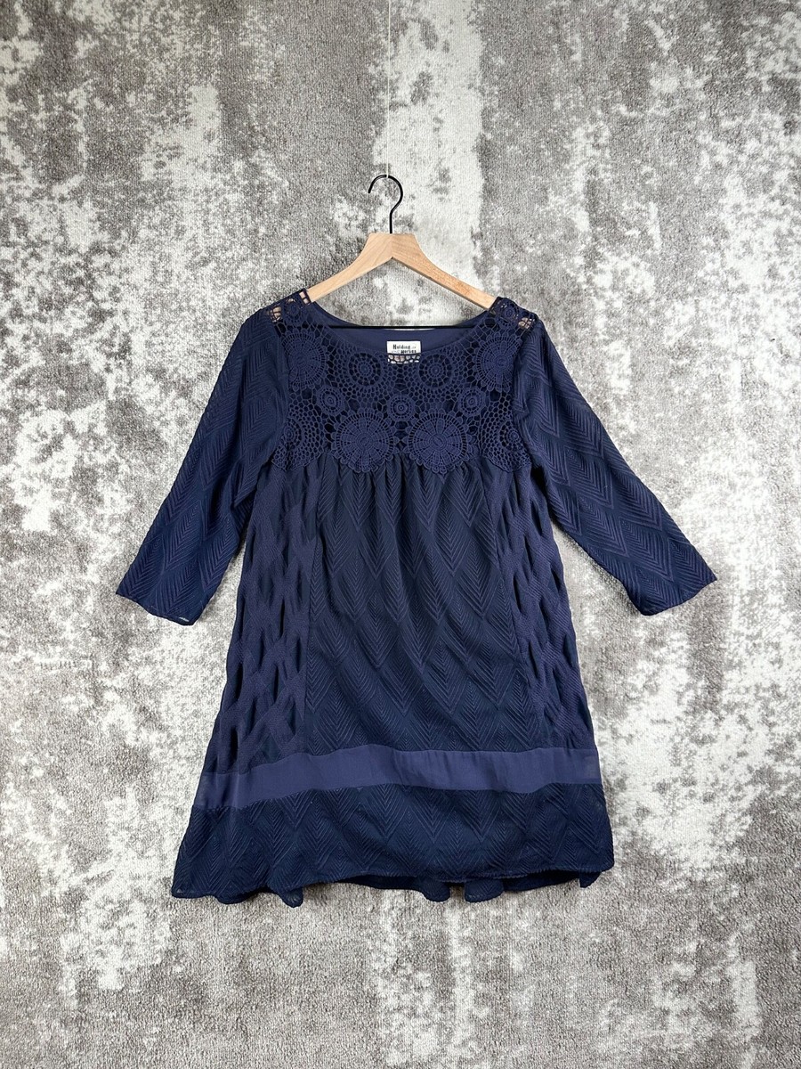 Holding Horse Dress Small Womens Anthropologie Blue Long Sleeve Lace Woven  Trim