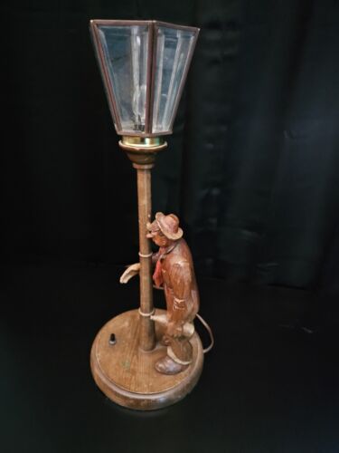 Black Forrest Hand Carved Wood Lamp Drunkard With Bottle And Lamp Post. Works! - Picture 2 of 9