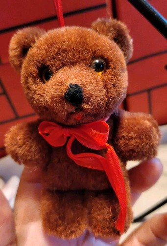 Vntg Japan Brown Wool 4" Teddy Bear Ornament Red Bow/Ribbon Hanger No Tags