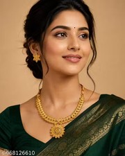 South Indian Traditional Gold Plated Bridal Necklace Set with Earrings for Women