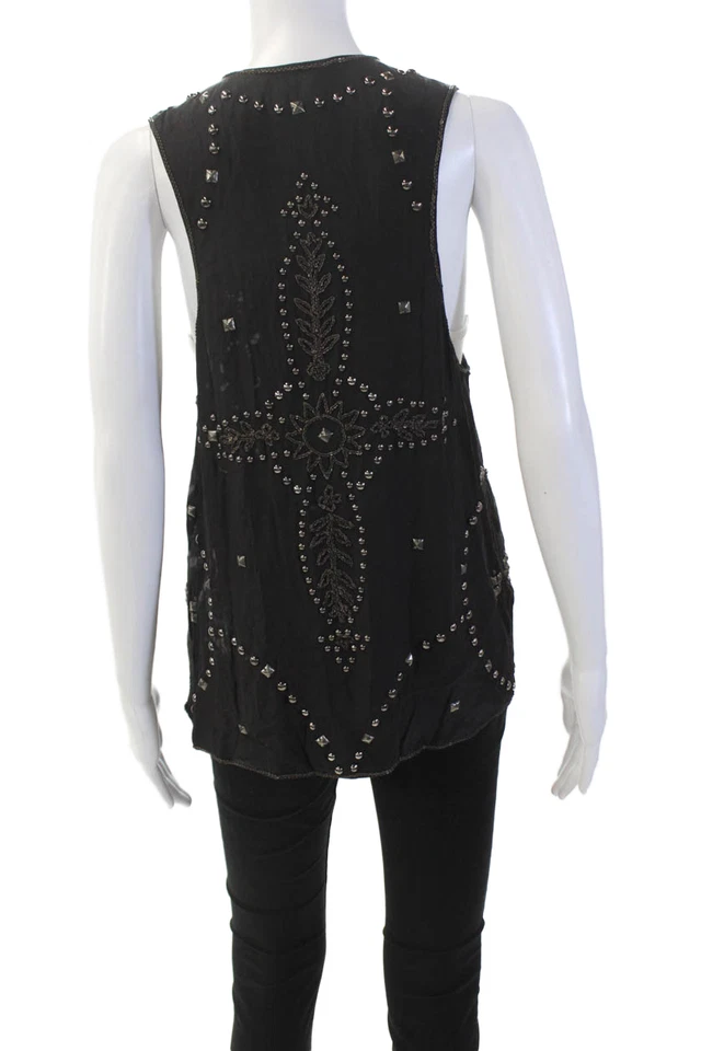 Chaleco Chaqueta Haute Hippie Mujer Abierto Fornt Tachonado Seda Negro Talla Extra Pequeña Foto 3 de 4