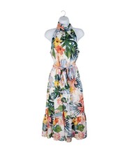 Eliza J Halter Blouson Midi Dress Multicolor White Floral Flounce Womens 8
