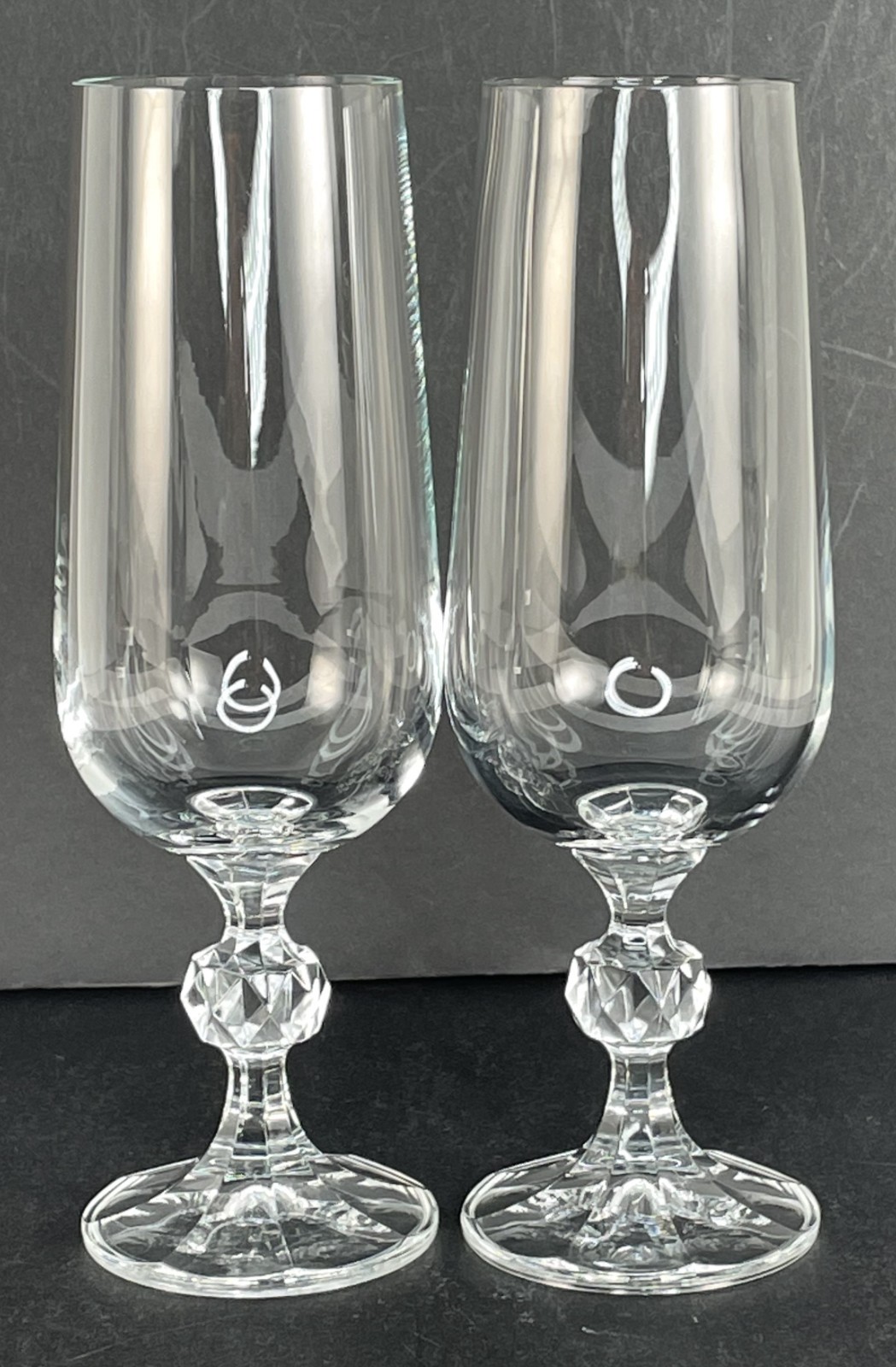 2-VTG Bohemia Crystal Claudia Champagne Flutes Faceted Disco Ball Stem Glasses