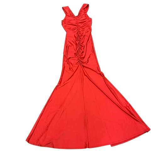 Red Ruched Maxi Dress Sleeveless Deep V Neck Evening Gown Size M - Picture 2 of 10