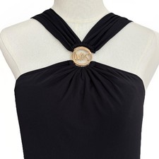 Michael Kors Black Halter Slip Dress Size M Silky Drape Medallion Logo Cocktail