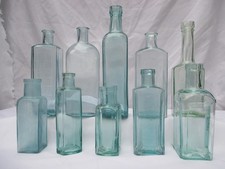 10x VINTAGE LIGHT ICE BLUE CHEMIST MEDICINE APOTHECARY GLASS BOTTLES WEDDING OLD