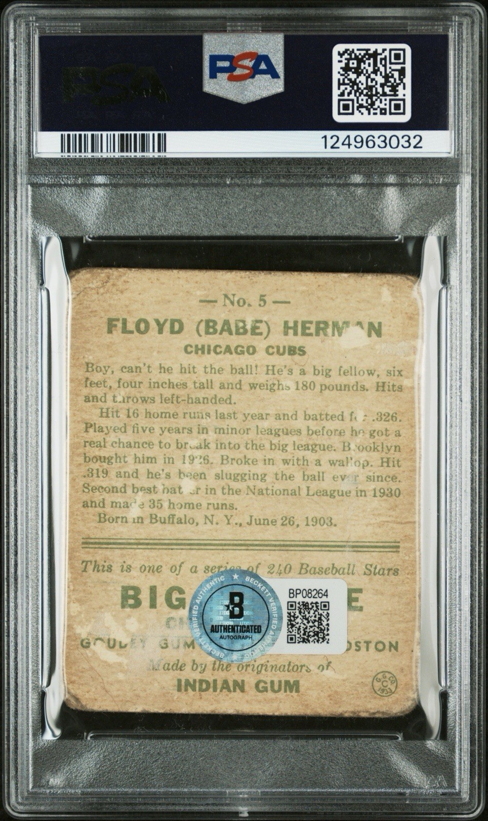 Floyd ‘Babe’ Herman Signed 1933 Goudey Chicago Cubs Baseball Card (PSA & BAS) view 2
