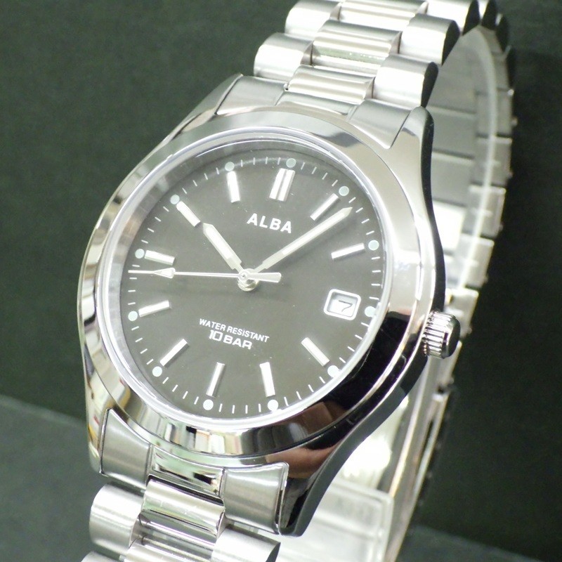 Resistant Stainless Dial ATM AQGK474 ALBA Black 10 Men's Steel SEIKO Watch Water - vintagewatches.pk