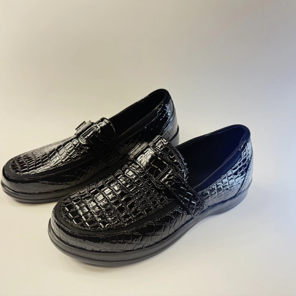 APEX Mujer Talla 6.5 Pétalos Anchos Evelyn A205W Cuero de Cocodrilo Negro Diabético NUEVO Foto 3 de 4