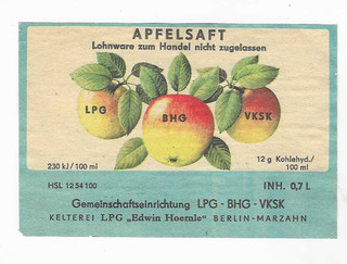 DDR Etikett Kelterei LPG "Edwin Hoernle" Berlin Marzahn Apfelsaft Lohnware