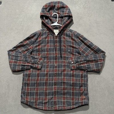 LL Bean Flannel Shirt Hooded Scotch Plaid Shacket Mens M Metal Snaps Gray Red