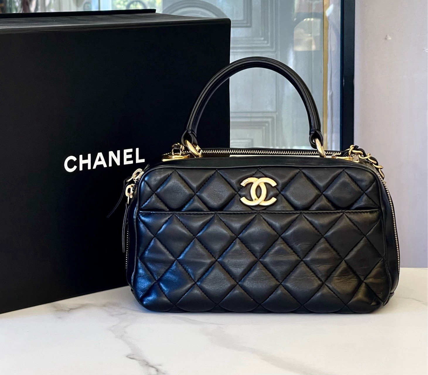 Authentic Pre‑Owned Chanel Trendy CC Bowling Bag, Black Lambskin Leather