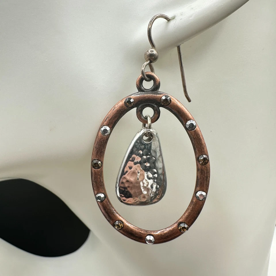 Pendientes colgantes ovalados de cobre de colección martillados plata acento gota estrás gancho boho Foto 2 de 4