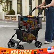 Folding Shopping Cart w/Wheels Collapsible Cart with Storage Crate 2-Layer Black