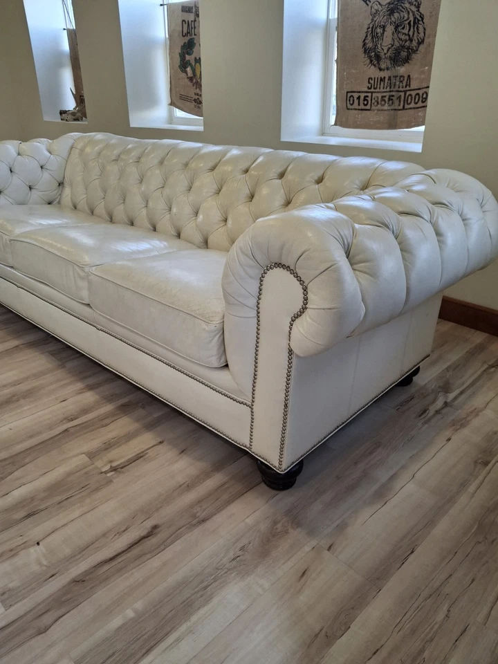 Ethan Allen Custom Leather Cream White Sofa Chesterfield Nailhead Trim - Image 4 of 4