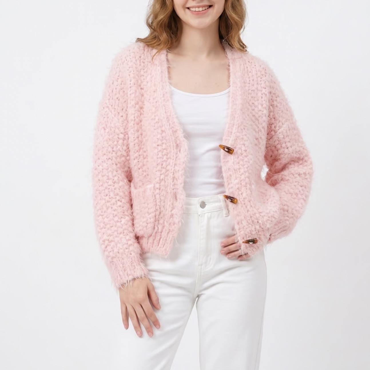 Storia Blush Pink Fuzzy Chunky Knit Toggle Cardigan Sweater