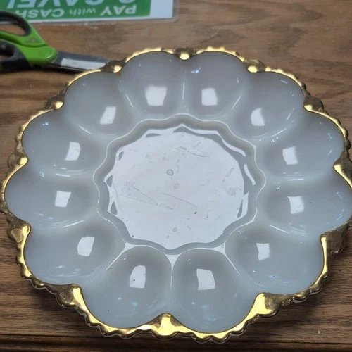 Vintage Anchor Hocking Milk Glassdeviled Egg Serving Platter W/ 22kt. Gold Trim