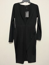 Pretty Little Thing Womens Size 12 Dress Black Bandage Plunge Neck Long Sleeve