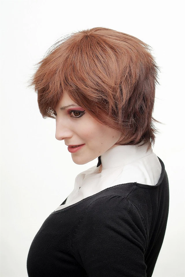 Peluca para mujer cosplay unisex corta salvaje ornamentada marrón rojo marrón mezcla SA075 Foto 3 de 4