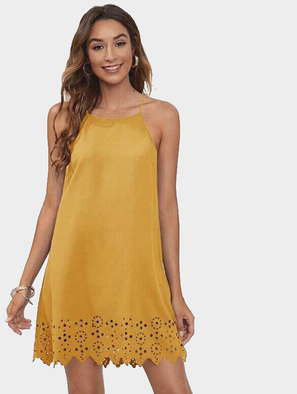 shein yellow mini dress SHEIN Yellow Halter Mini Dress Women's Bodycon Cocktail Metallic Decor Asymmetrical Cutout Slim Fit Knitted Fabric Pencil Hem Glamorous Sexy,S
