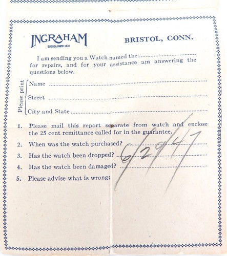 .1947 E INGRAHAM POCKET WATCH GUARANTEE / INSTRUCTIONS. - Picture 2 of 5