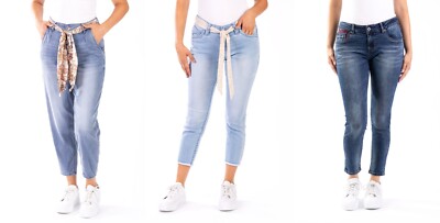 Blue Monkey Damen Jeans B-Ware Blautöne Skinny Cropped Balloon Fit Gürtel Leicht