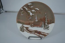 Byron Molds 1980 3D Winter Scene Ceramic Plate / Hand-painted Church & Sleigh