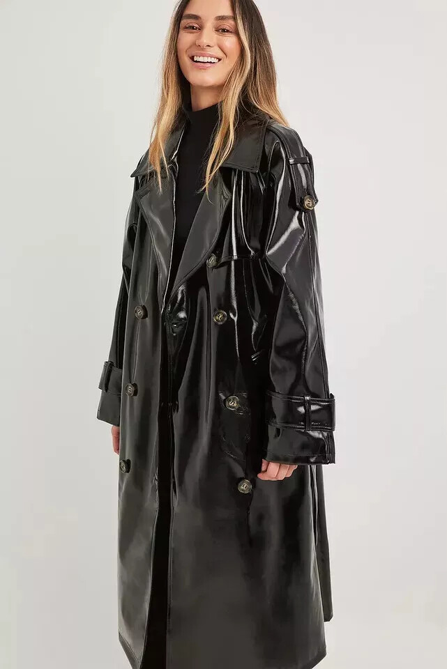 Black PVC Vinyl women's Shinny trench long Coat Waterproof Long Mac