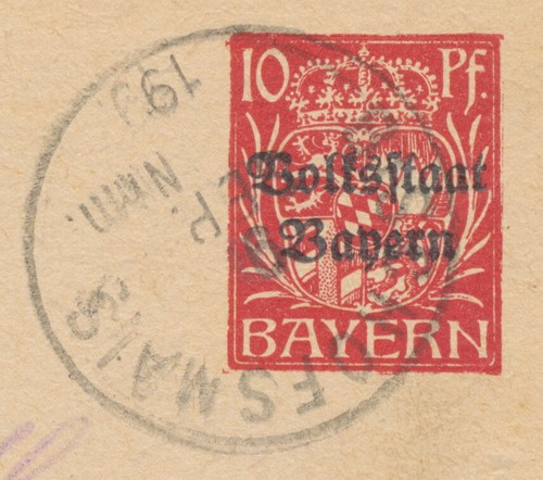 BAYERN ORTSSTEMPEL BISCHOFSMAIS K1 1919 auf 10 Pf Volksstaat Bayern GA, ABART - Picture 2 of 4