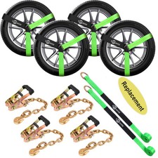Lasso Car Wheel Straps Ratchet Tie Down Straps With Premium Chain Anchors 4 Pack