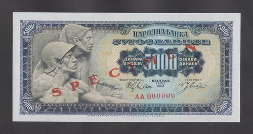 🔴YUGOSLAVIA 5000 Dinara 1963 UNC P76s SPECIMEN 🔴 - 第 1/2 張圖片