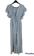 Flawless Blue Button Up Maxi Fit & Flare Dress Women Size S V-Neck  . 30P