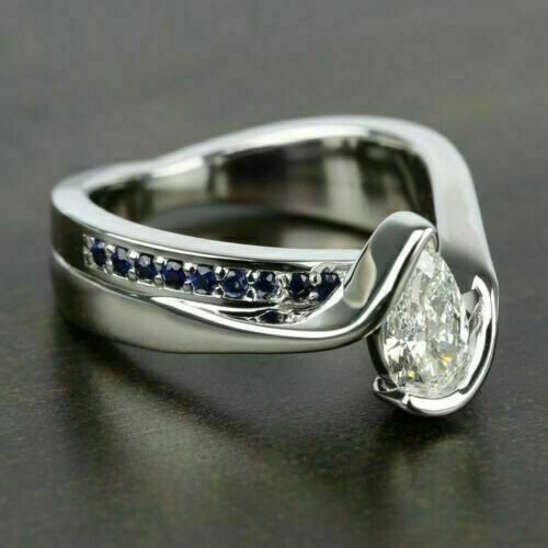 1.50CT Pear White & Blue Sapphire Wedding Ring 14K White Gold Plated Lab Created - Bild 4 von 5