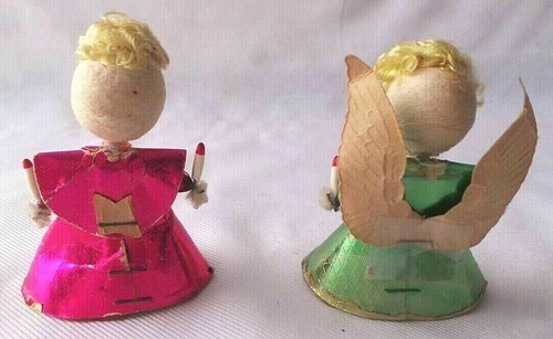 1950s Shiny Foil Angels Red & Green Collectible Christmas Ornaments - Set of 2 - Picture 2 of 2
