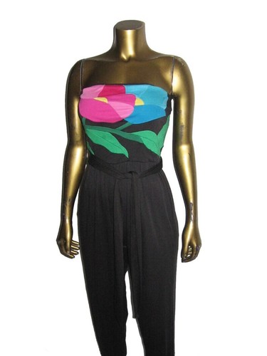 VintageMulticolor Floral Applique Strapless Tube Top Belted Disco Jumpsuit 8 - Picture 5 of 7