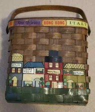 Vintage CARO NAN Travel Themed Hand Painted Wooden Woven Basket Purse Handbag