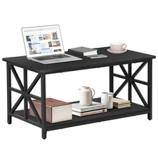 Coffee Table for Living Room Rectangular Center Table with 2 Storage Shelf Black