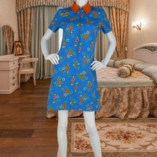 Vintage Hexagon Floral Mod Dress Blue M Retro Charm